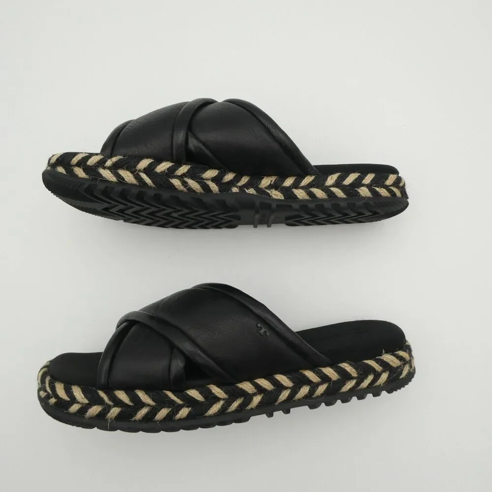 Tory Burch Criss Cross Women's 8 Leather Espadrille Slide Sandals Black Leather